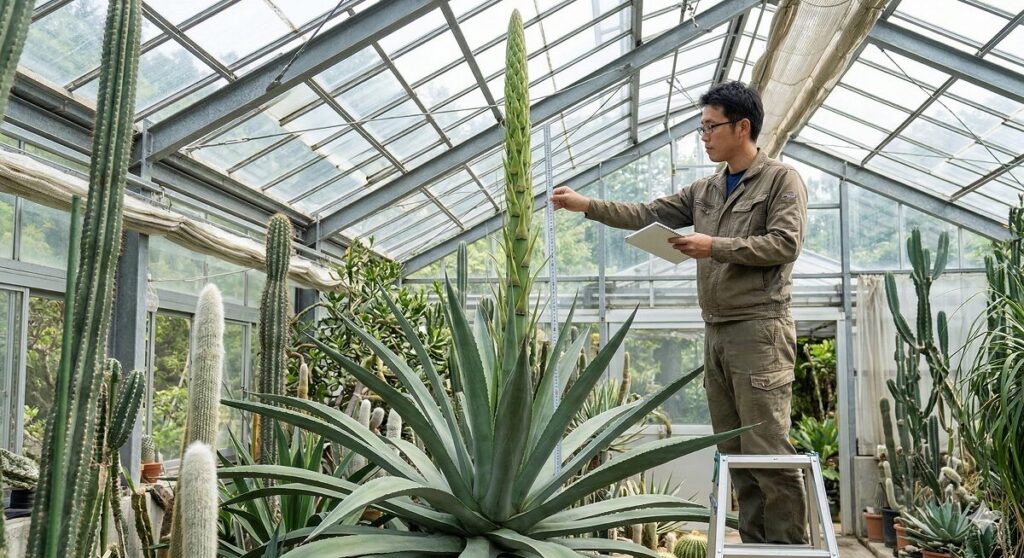 アガベの中心から数メートルの高さに達した巨大な花茎