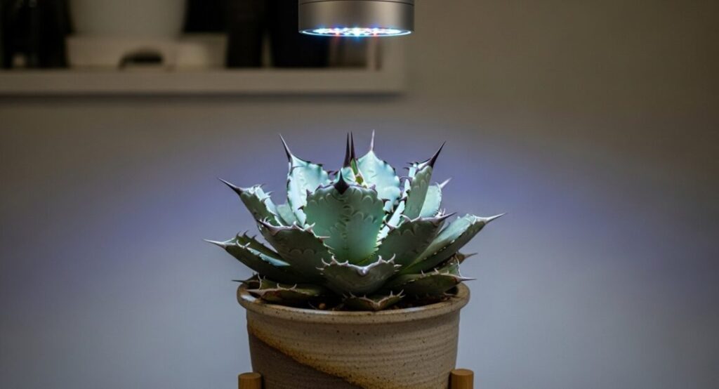 おしゃれな陶器鉢に植えられた、完璧なボール状のアガベ・パリー・トルンカータ