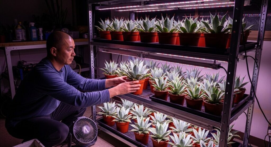 室内栽培ラックで、日本人男性（著者）がアガベ・ピンティラの株の配置を調整している
