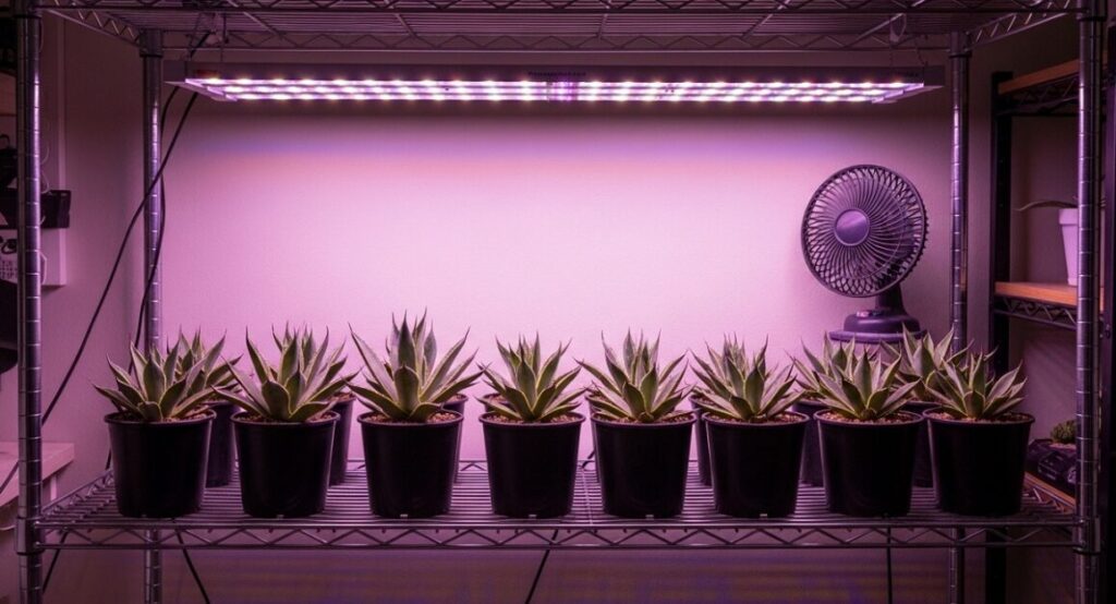 アガベ・ユタエンシス・エボリスピナ 'ヴェガス' が、植物育成LEDライトの下、サーキュレーターが稼働している棚に並べられている