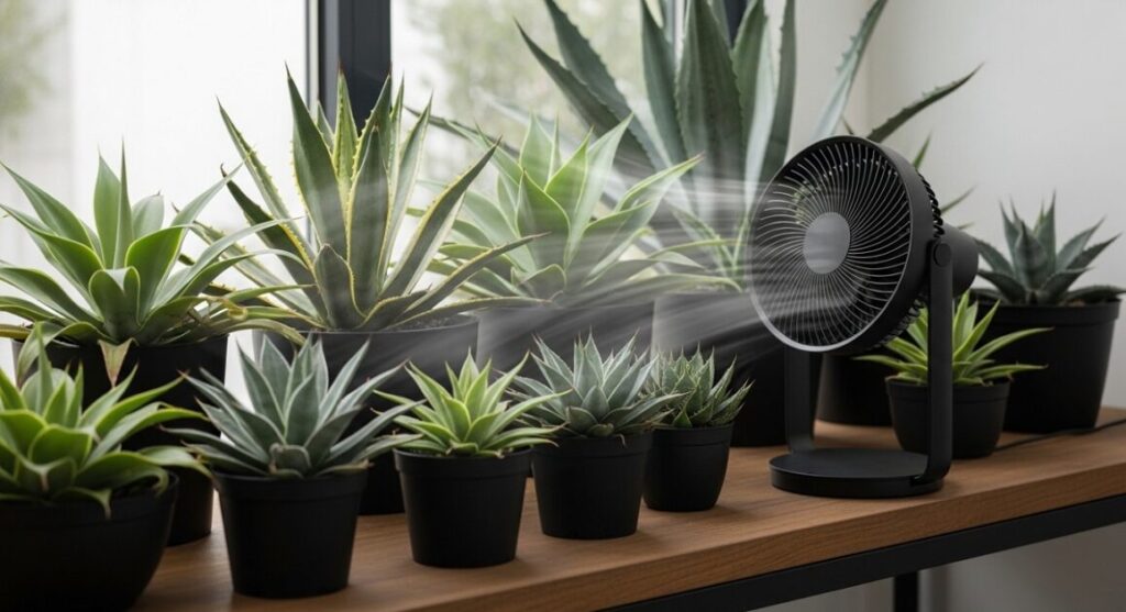 アガベの育成棚に向けて設置された黒いサーキュレーター。室内で常に空気が循環し、植物の組織を鍛え上げる機能的な栽培スペース