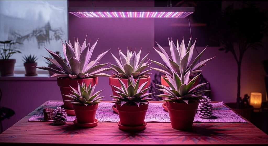冬の室内で、植物用LEDライトの下に並ぶ健康的なアガベ株