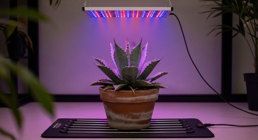 園芸用ヒーターマットの上に置かれたアガベの鉢と、上部から紫や白の光を放つ植物育成用LEDライト