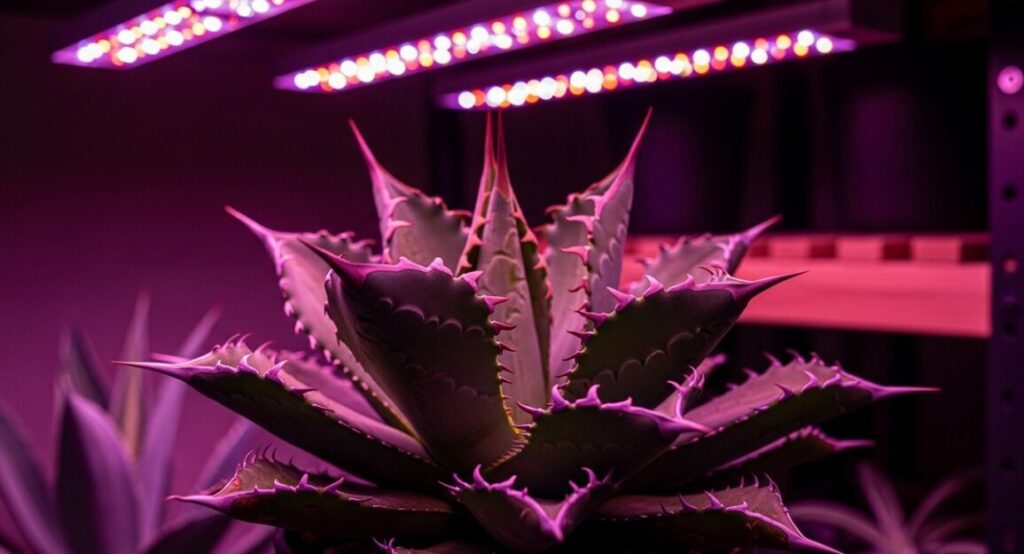 室内の棚で強力な植物育成用LEDライトを至近距離から浴びるアガベ・ゴジラ。