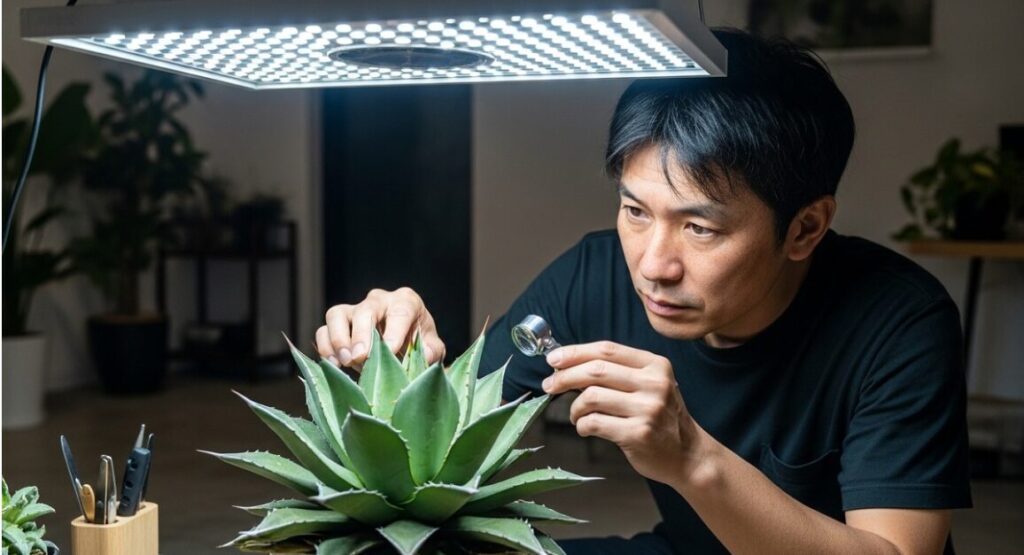 高出力のLEDライトの照射距離をメジャーで慎重に測りながら調整する日本人の愛好家