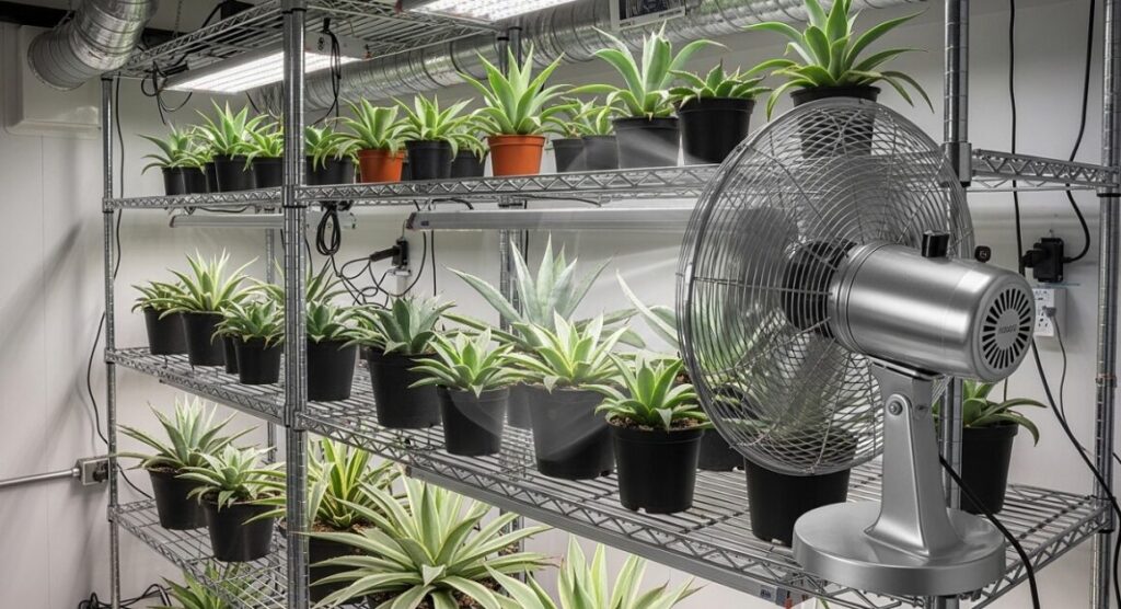 棚に並んだ複数のアガベに向けてサーキュレーターが首を振り風を送っている室内栽培のセットアップ