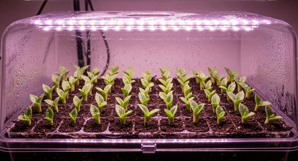 透明な育成ケースの中で、数ミリサイズのアガベの小さな幼苗がいくつも発芽している様子