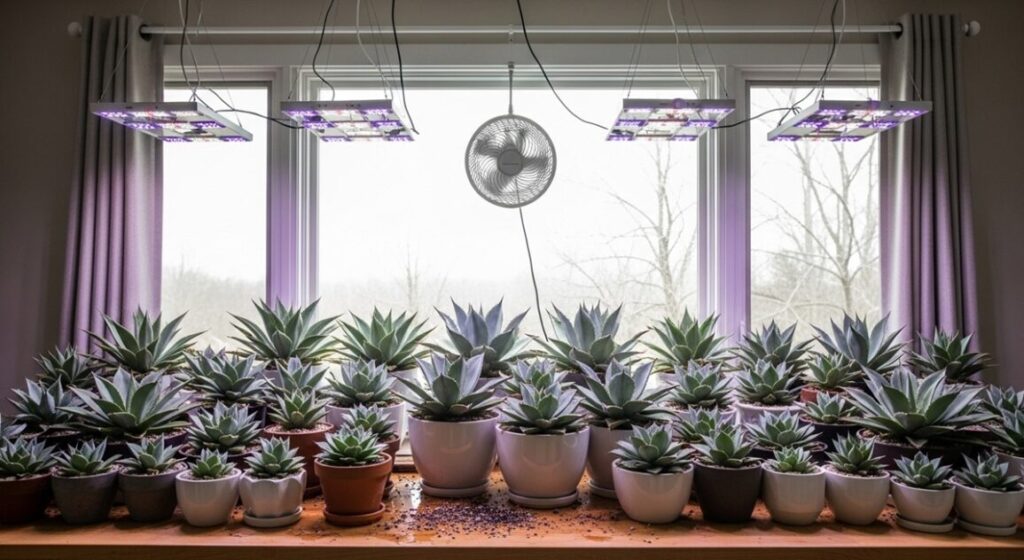 冬の室内窓際で管理されるアガベ・ポタトラム・スポーン群