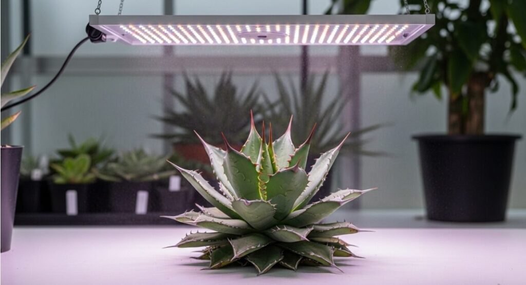 室内温室で高出力LED育成ライトの光を浴びる、健康的なアガベ・ポタトラム・スポーン