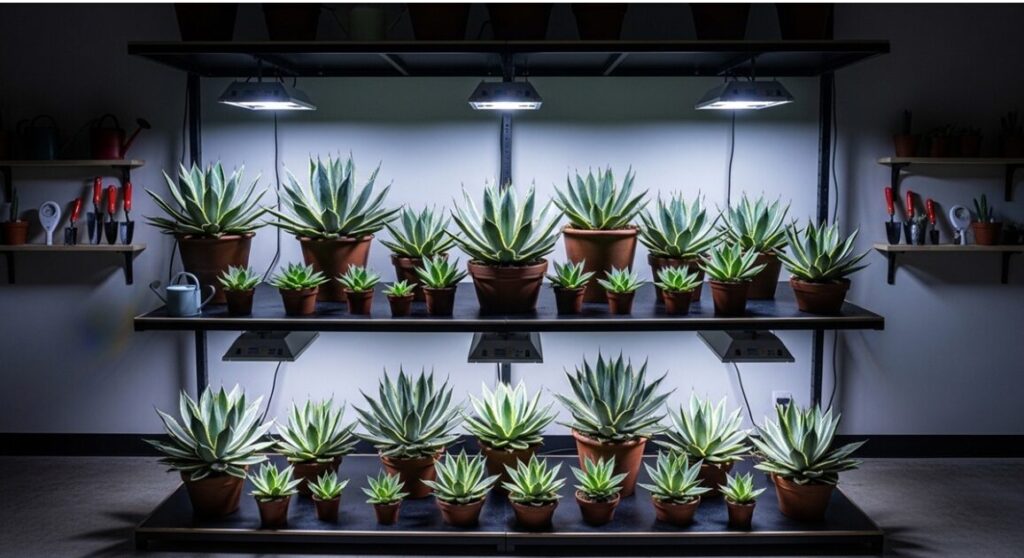 室内管理されているアガベ・スノーデビル