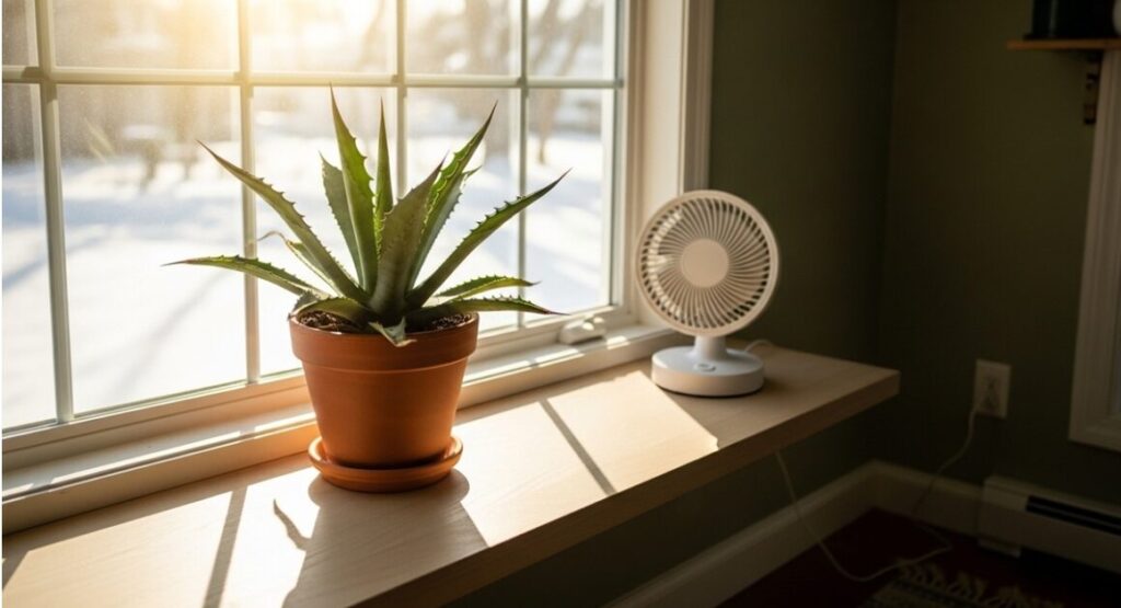 冬の室内で日当たりの良い窓際に置かれたアガベ・ストリクタと、空気を循環させるために回されている小型サーキュレーター