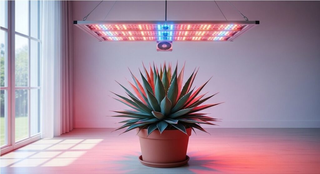 明るい室内で高性能な植物育成用LEDライトをアガベ・ストリクタの真上から照射している様子