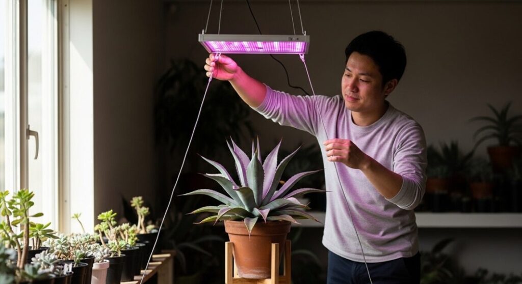 室内で高性能な植物育成用LEDライトをアガベ・ジプソフィラに照射し、距離を丁寧に調整してケアをする日本人男性
