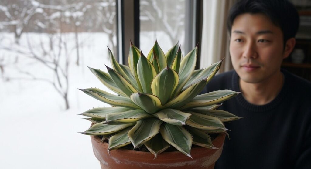 冬の室内窓辺、鉢植えのアガベ・スノーデビル