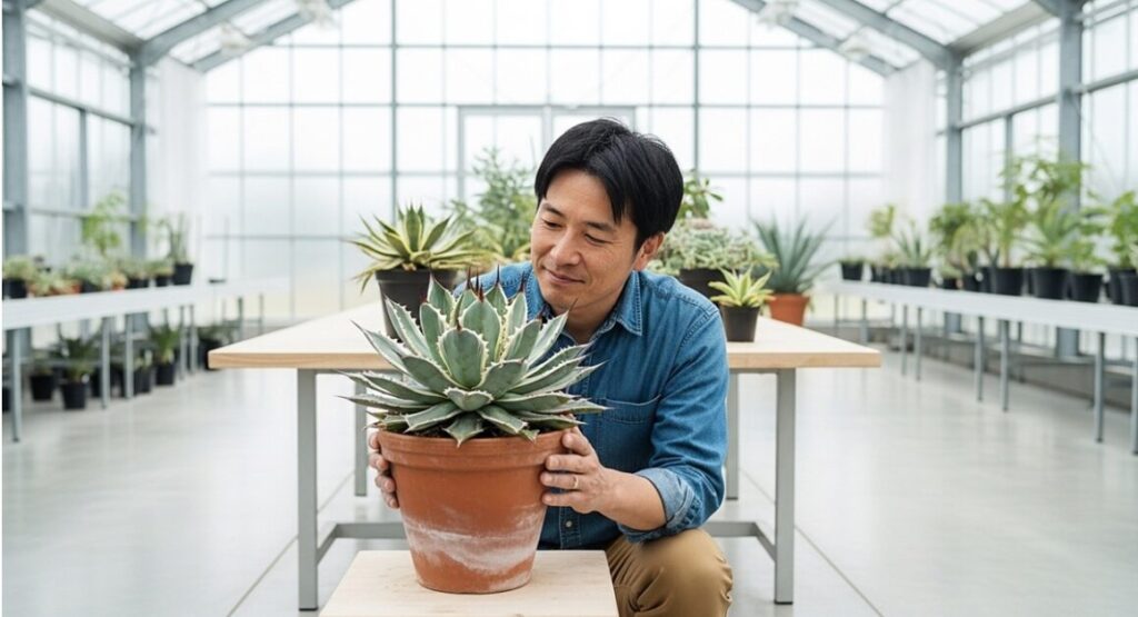 鉢植えのアガベ・スノーデビルを愛おしそうに見つめる