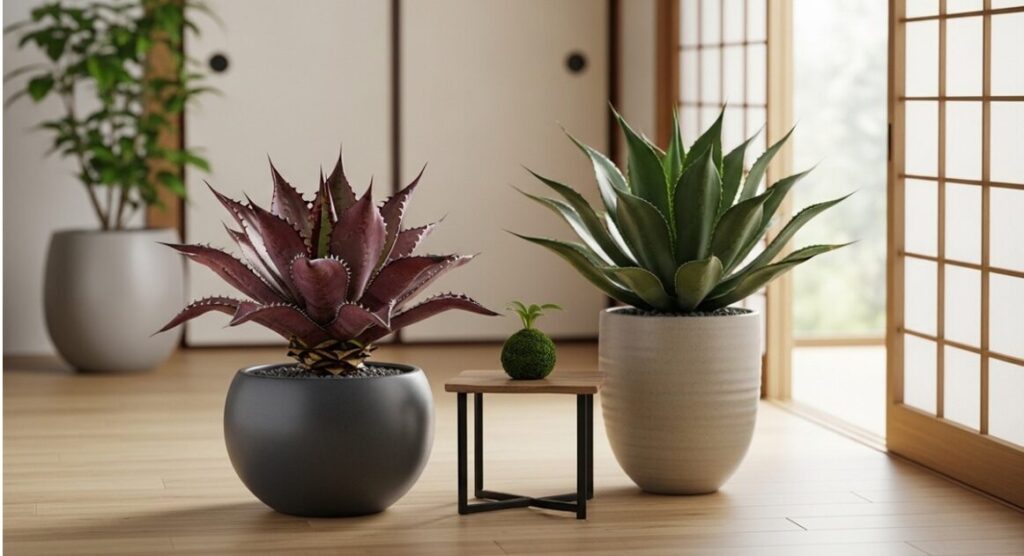 日本のモダンな室内で、鮮やかな赤紫色に染まったアガベ・チタノタと瑞々しい緑色のアガベが並んでいる様子