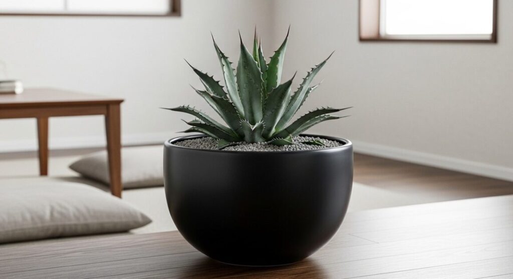 モダンな日本のリビングで、マットな質感の黒い陶器鉢に富士砂を敷き詰めて仕立てられたアガベ・ストリクタ