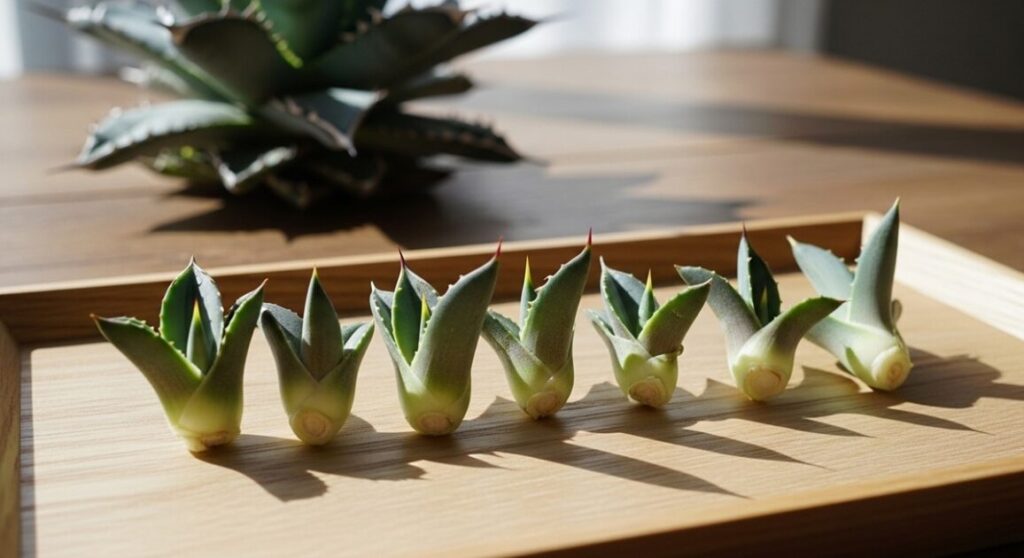 親株から丁寧に切り離され、清潔なトレイの上で切り口を数日間乾燥させているアガベ・ジプソフィラの小さな子株