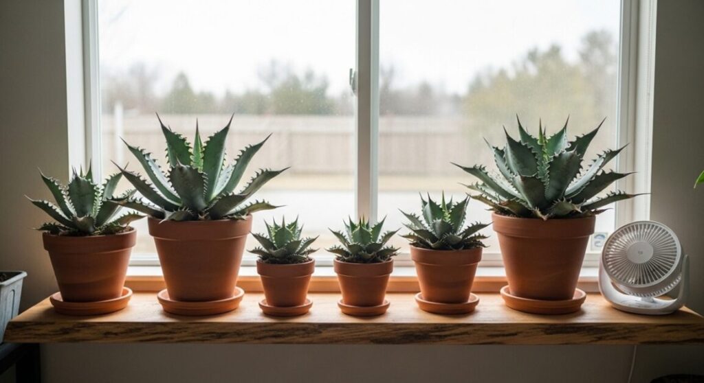明るい窓際の棚にアガベ・ジプソフィラを移動させ、サーキュレーターで空気を循環させている様子
