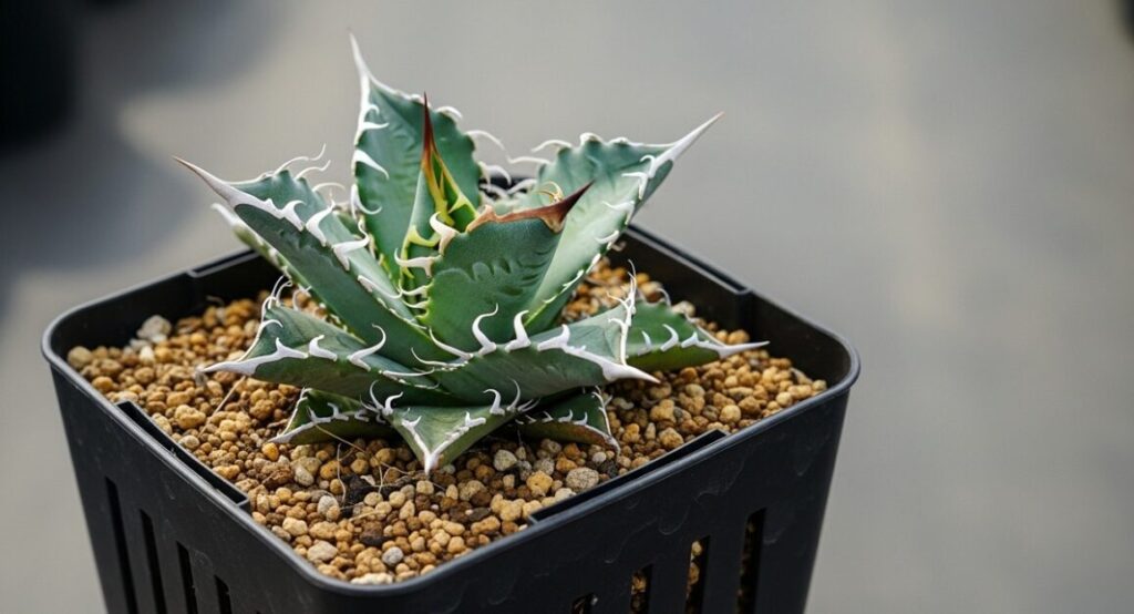 黒いプラスチック製のスリット鉢に植えられた健康なアガベ・シジゲラ