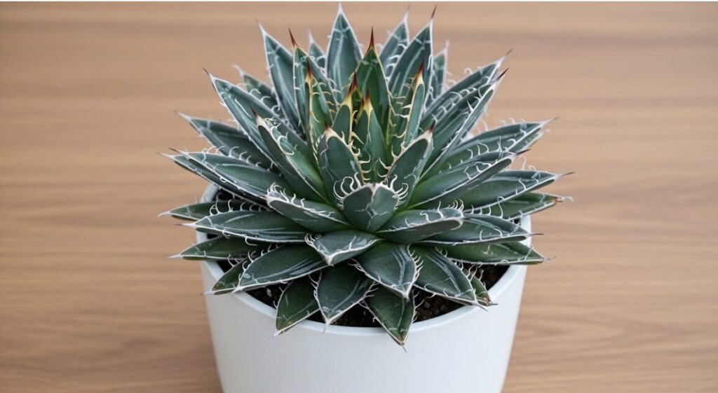 鮮やかな白い中斑が入ったアガベ・シジゲラ「ホワイトストライプ」の完璧な幾何学的ロゼット