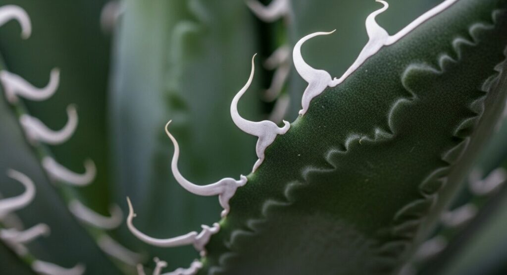 濃緑色のアガベ・シジゲラの葉の縁から、繊細に巻いた白いフィラメントが美しく伸びているマクロ撮影