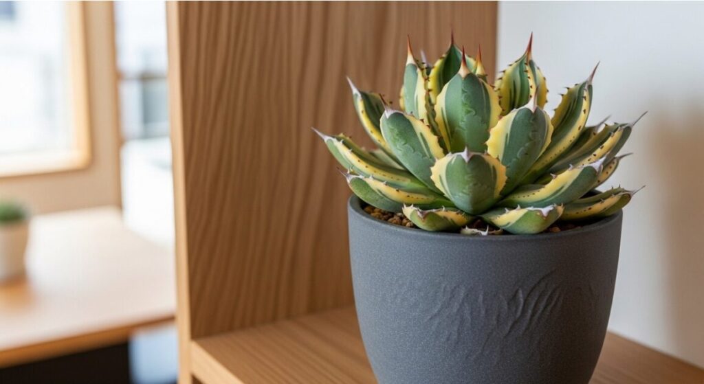 小さな鉢に植えられた、クリーム色の鮮やかな覆輪斑が入るアガベ アプラナータ 'クリームスパイク