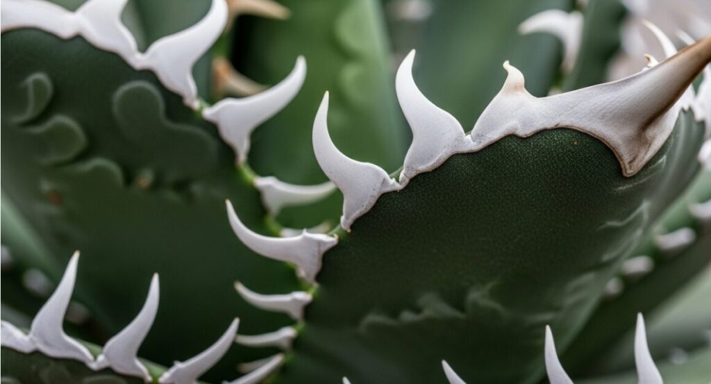 アガベ・チタノタの極太で白い鋸歯のクローズアップ