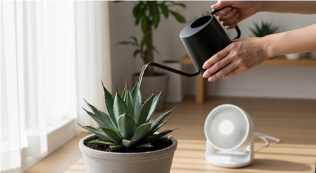 サーキュレーターが回る風通しの良い室内で、アガベの鉢にジョウロでたっぷりと水を与えている日本人の手元