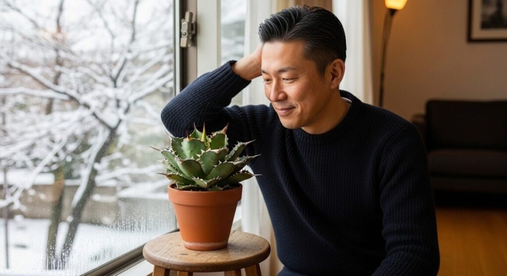 日本人男性が、冬の窓辺で健康的で締まった形のアガベ・チタノタの鉢植えを愛着を持って見つめている