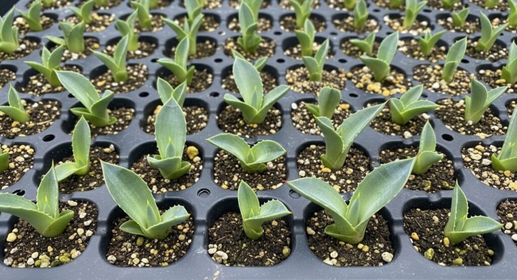 清潔な育苗トレイの中で、カビの発生もなく元気に芽吹いたアガベの小さな実生苗たち