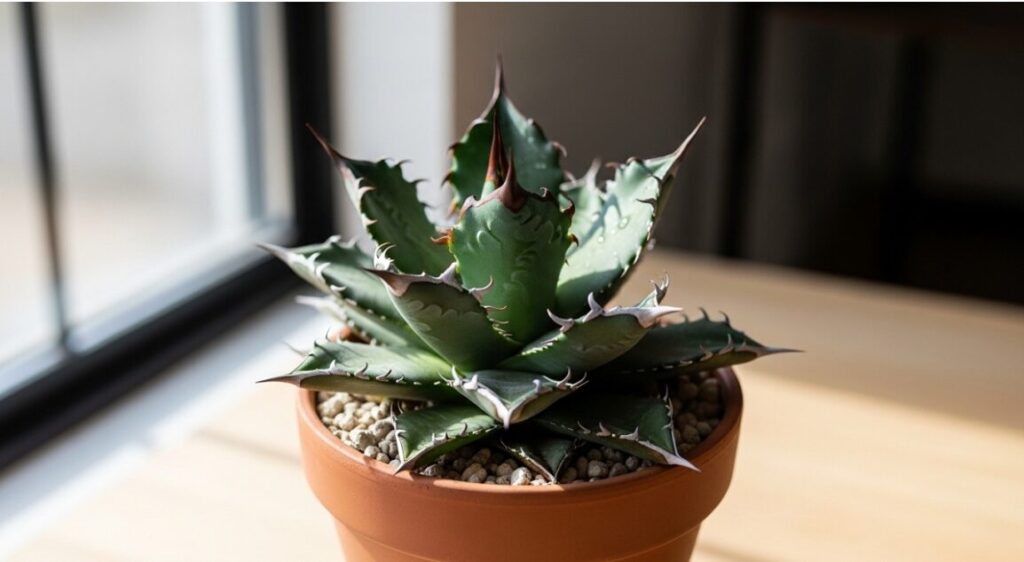 光沢のある緑色の葉を持つ健康的なアガベ株(チタノタなど)が、窓辺で自然光を浴びている様子