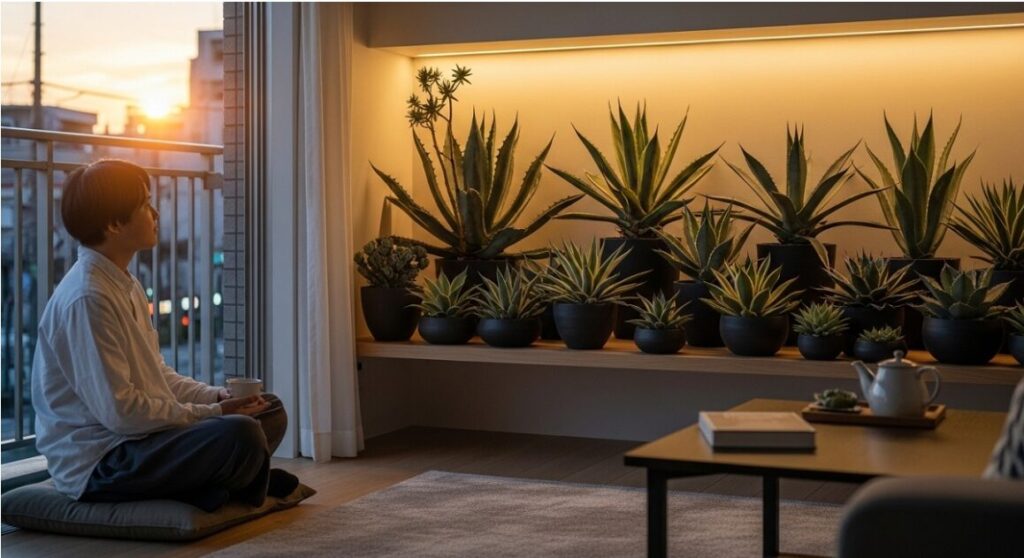 夕暮れ時、ベランダに近い棚に並ぶ自慢のアガベを眺めながら、ゆったりと自分の時間を過ごす日本人のライフスタイル