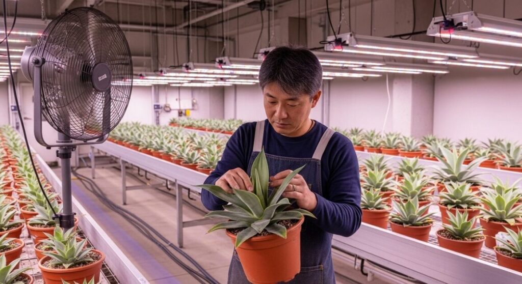 室内でのアガベ栽培セット。強力な植物用LEDライト、サーキュレーターが風を送っている環境で、鉢が並んでいる