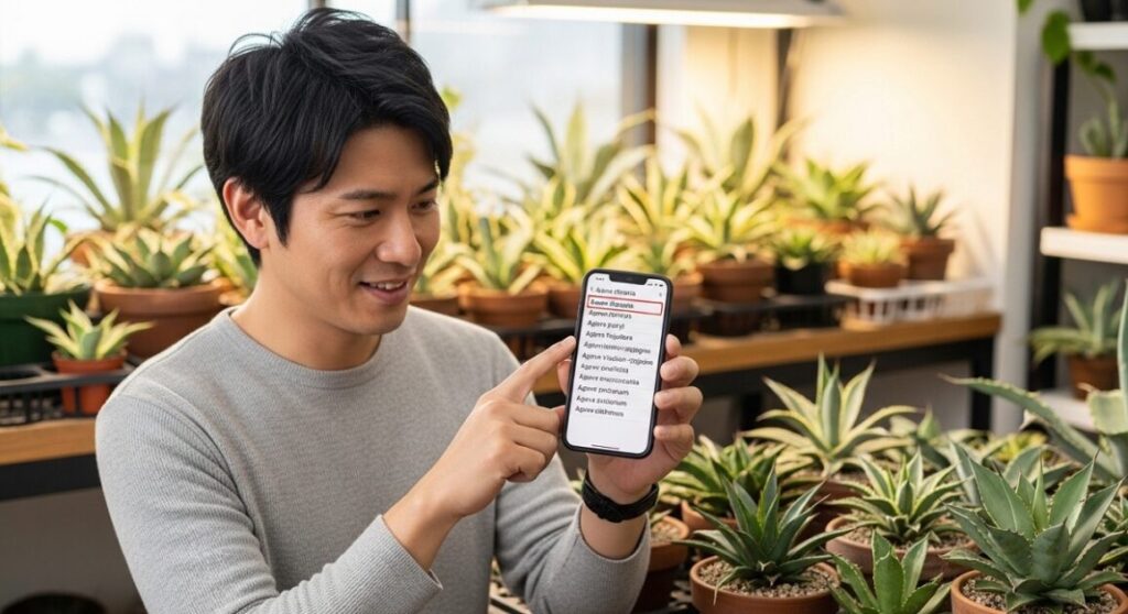 アガベのネームド一覧をスマートフォンで見ながら、どの品種が良いか楽しそうに悩んでいる日本人男性