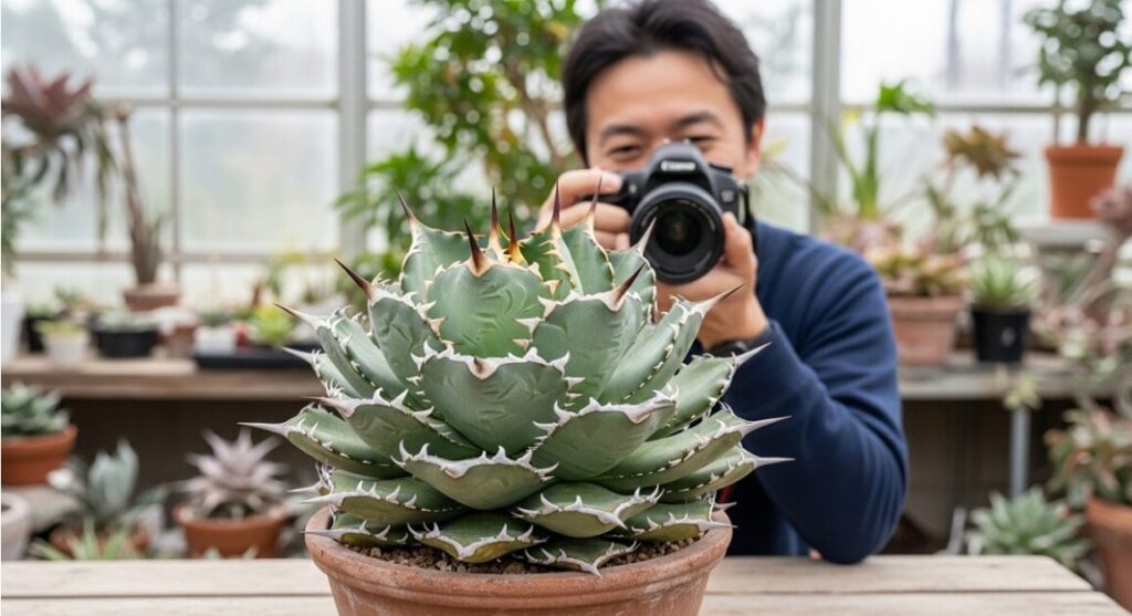 見事にボール状に締まった成株のアガベ・チタノタ・ジャガーノートを満足げにカメラで撮影する日本人男性コレクター