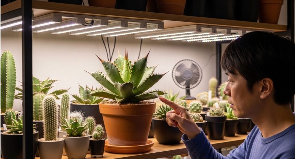 植物育成LEDライトとサーキュレーターが設置された棚で、アガベ・チタノタ・ジャガーノートの土の乾燥具合を確認する日本人男性