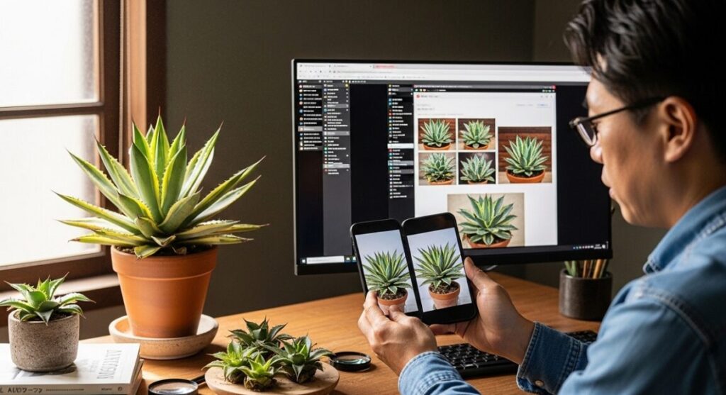 スマートフォンとPC画面を見比べ、ネット市場のジャガーノート出品画像と手元の現物写真を確認する日本人男性コレクター