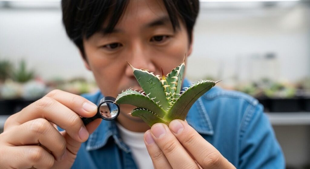 葉が3枚のアガベ・チタノタ・ジャガーノートの子株の葉裏の膨らみと内側への丸まりを確認する日本人男性コレクター