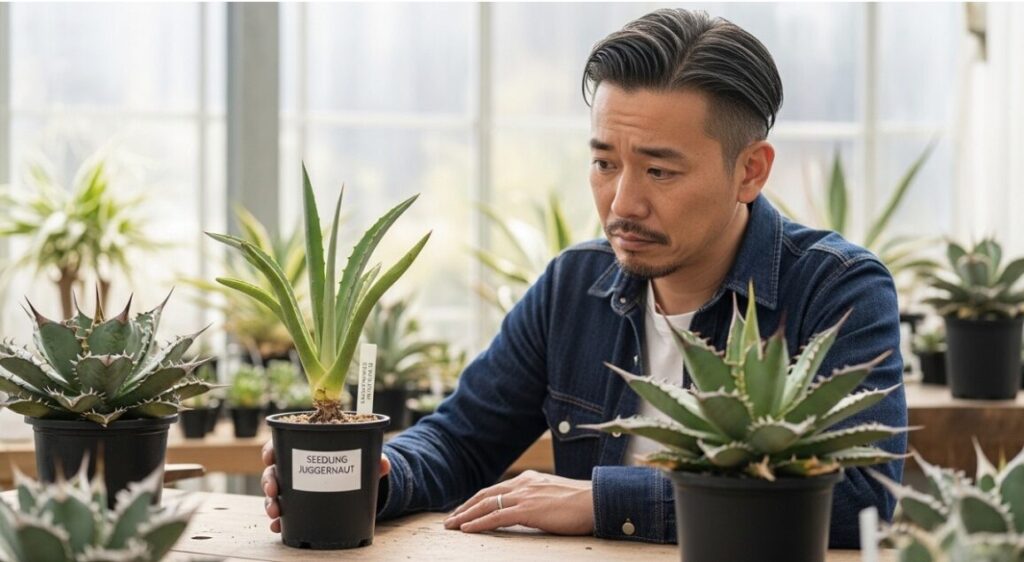 「実生ジャガーノート」として入手したが、葉が長く伸びて特徴が出ていないチタノタを残念そうに眺める日本人男性コレクター