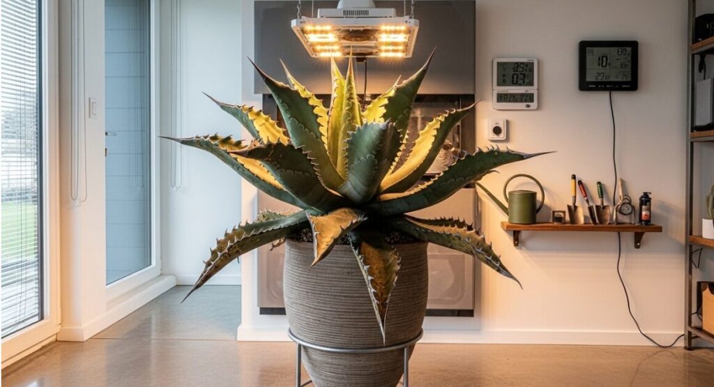 育成環境が整ったスタイリッシュな部屋で、圧倒的な存在感を放つ成熟したアガベ・ゴジラの鉢植え。