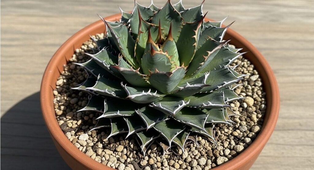 排水性の良い用土に植えられ、厳格な水管理によってギュッとボール状に締まったアガベ・ゴジラのフォルム。