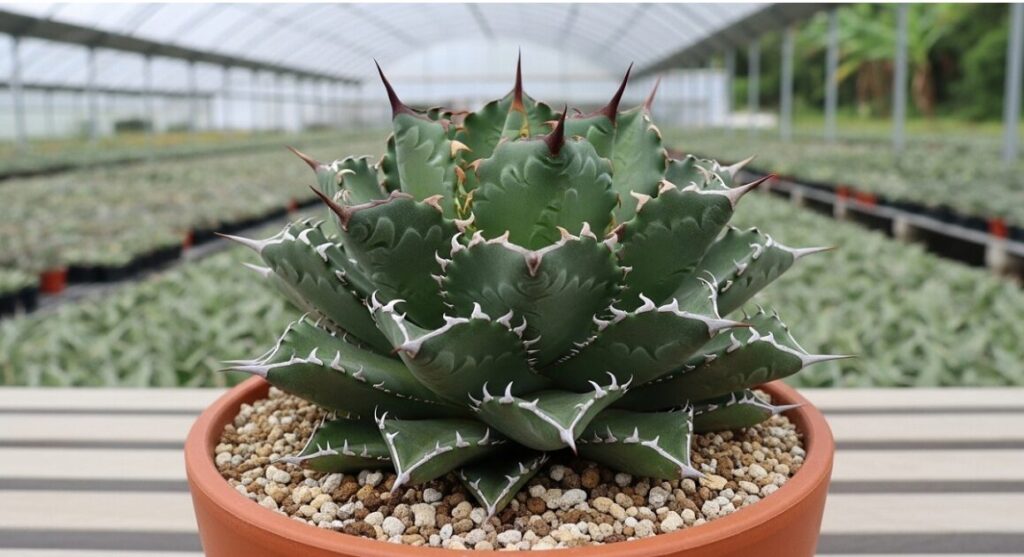 台湾のナーセリーで美しく作り込まれた、短葉で厚葉のアガベ・ゴジラCJ-5系統の完成された株姿