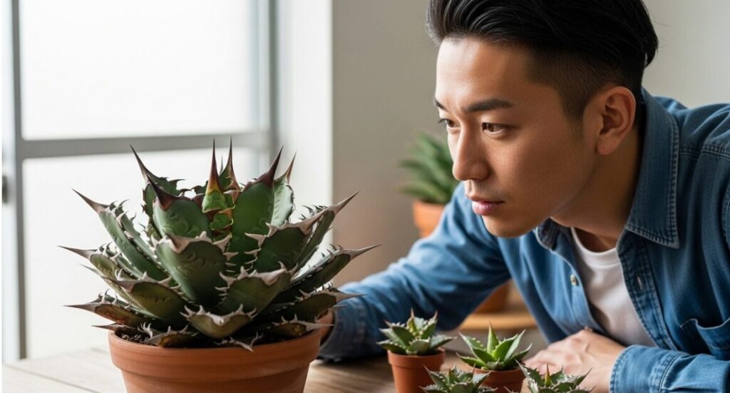 日本人男性の植物愛好家が、室内でアガベ・ゴジラの鋭い鋸歯を興味深く観察している様子