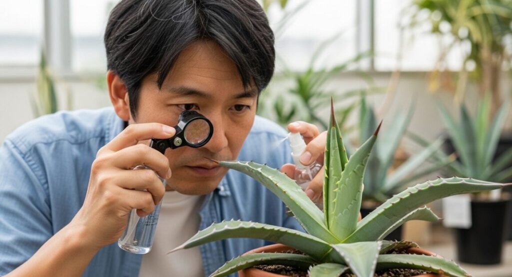 男性が拡大鏡を使ってアガベの葉の隙間を注意深く観察している様子