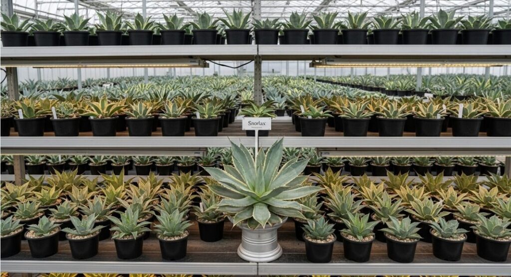 整理整頓された温室の棚に並ぶ、台湾から輸入された選抜アガベのコレクション