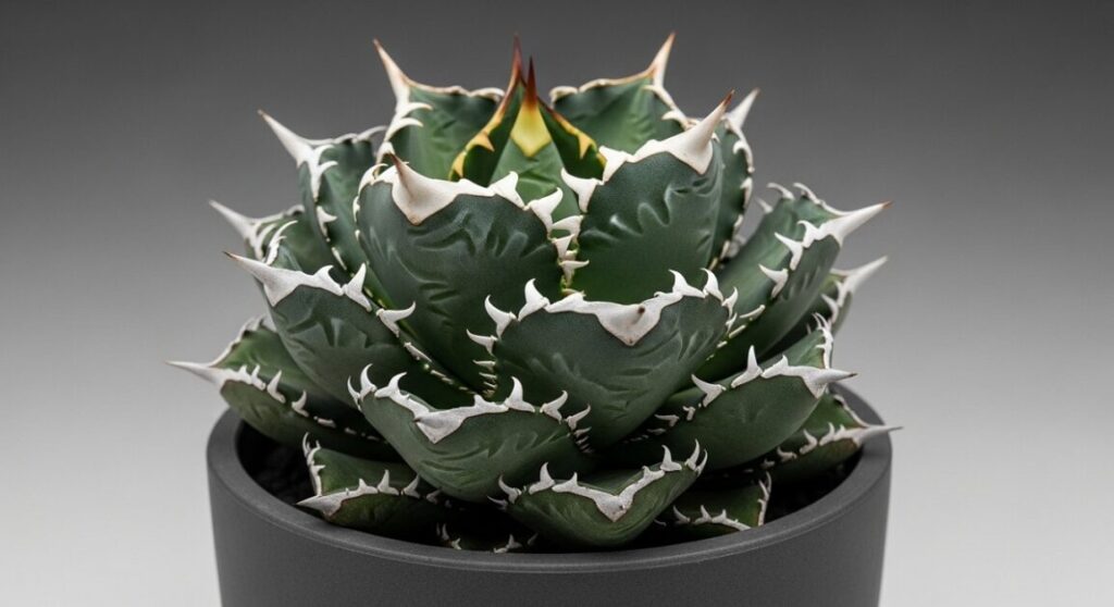 アガベ・ゴジラの最大の特徴である、不規則にうねる白い鋸歯と「陽炎」のようなトップスピンのアップ写真