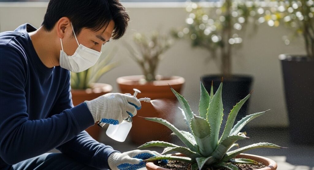 園芸用手袋とマスクを着用したアジア人の男性がアガベに霧吹きで丁寧に薬剤を散布している風景