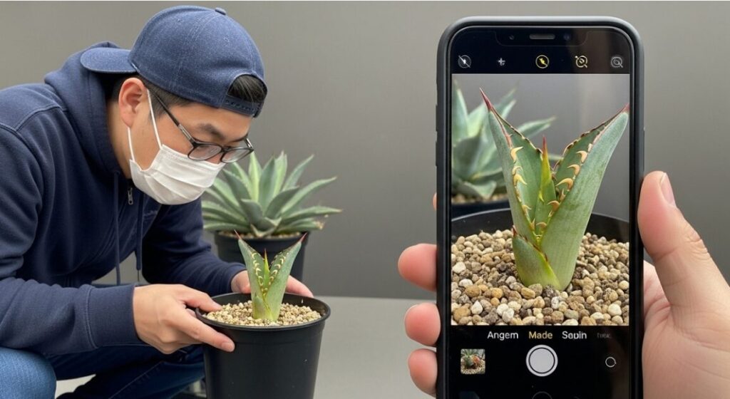 日本人の植物愛好家がスマートフォンのカメラでアガベの新芽を拡大して点検している様子