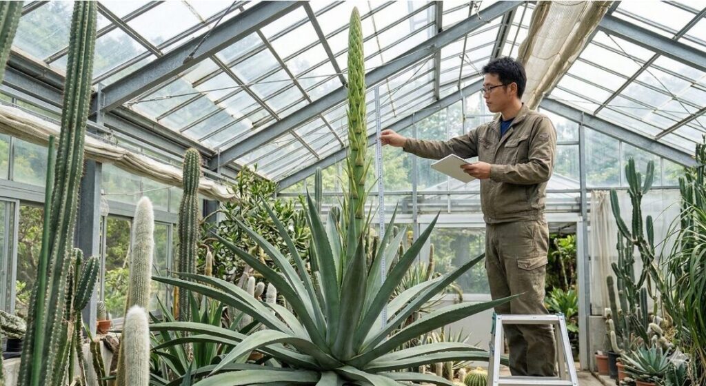 アガベの中心から数メートルの高さに達した巨大な花茎